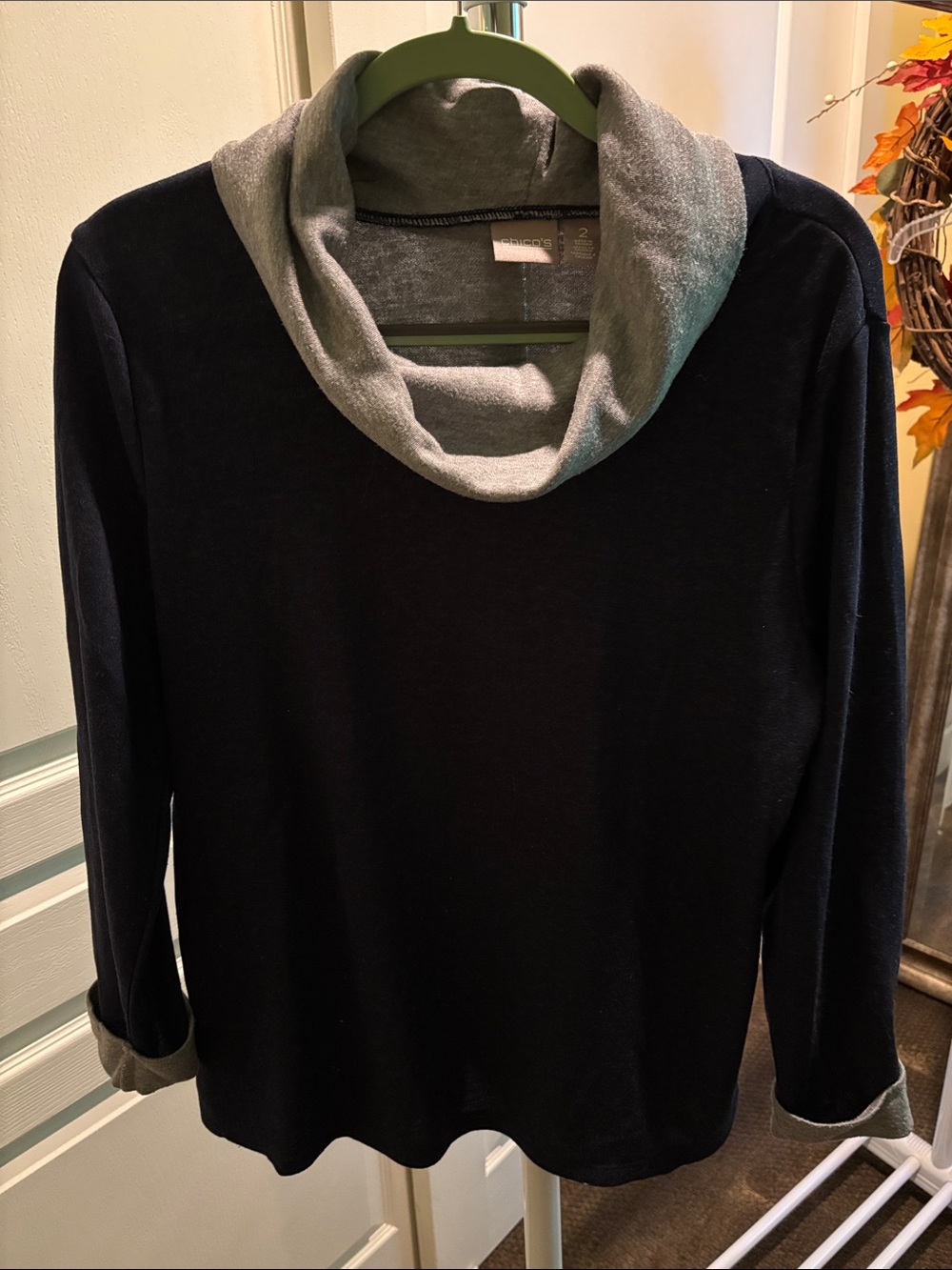 Chico's navy blue Sweater with Gray Cowl
